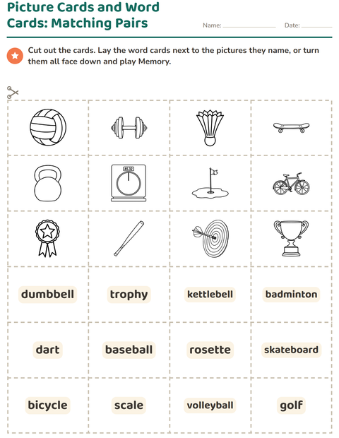 Preview of Picture Word Cards worksheet featuring Sports BW for kindergarten
