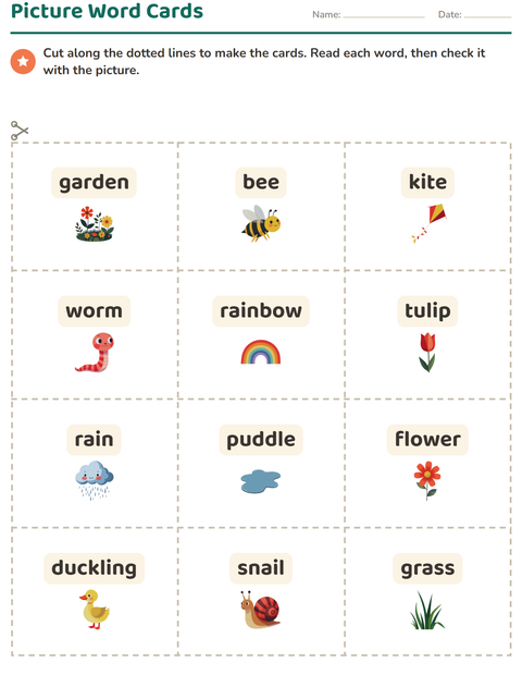 Preview of Picture Word Cards worksheet featuring Spring for kindergarten