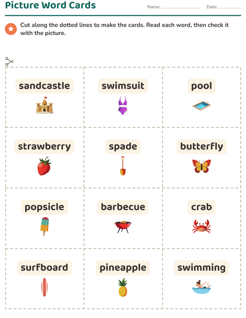 Preview of Picture Word Cards worksheet featuring Summer for kindergarten