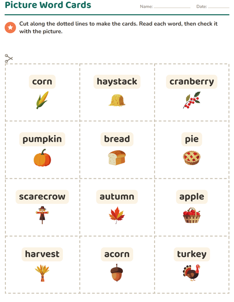 Preview of Picture Word Cards worksheet featuring Thanksgiving for kindergarten