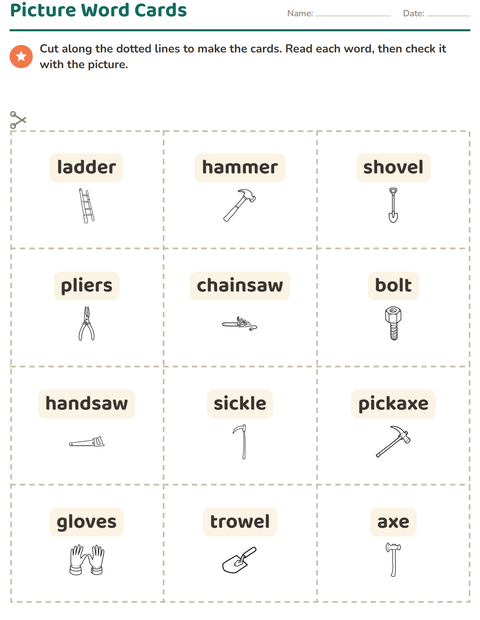 Preview of Picture Word Cards worksheet featuring Tools BW for kindergarten