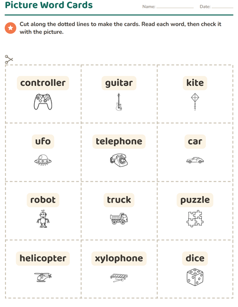 Preview of Picture Word Cards worksheet featuring Toys BW 2 for kindergarten
