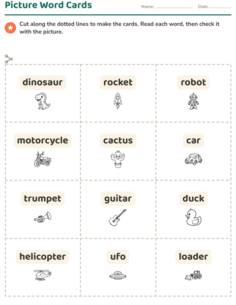 Preview of Picture Word Cards worksheet featuring Toys BW for kindergarten