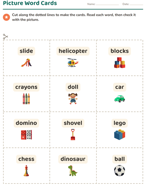 Preview of Picture Word Cards worksheet featuring Toys for kindergarten