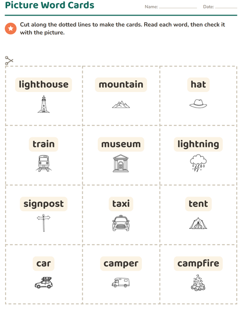 Preview of Picture Word Cards worksheet featuring Travel and Holiday BW for kindergarten