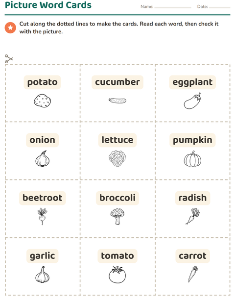 Preview of Picture Word Cards worksheet featuring Vegetables BW for kindergarten