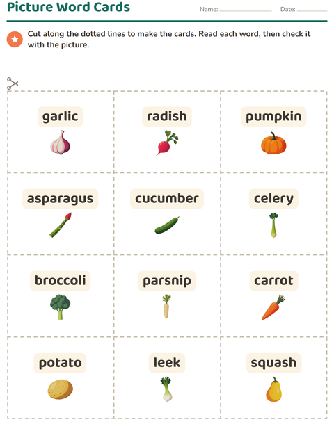 Preview of Picture Word Cards worksheet featuring Vegetables for kindergarten