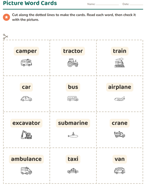 Preview of Picture Word Cards worksheet featuring Vehicles BW 2 for kindergarten