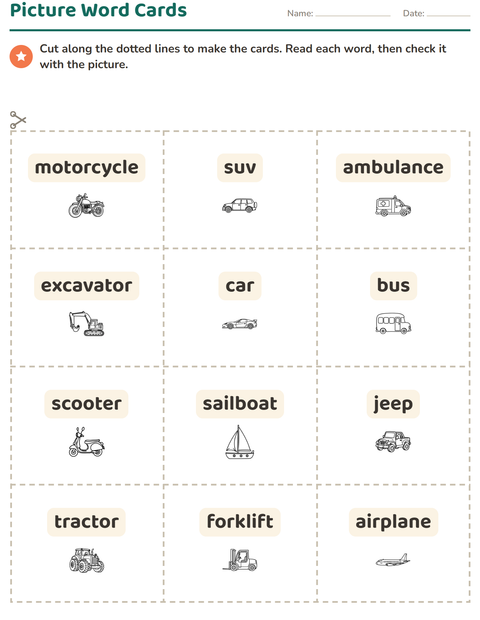 Preview of Picture Word Cards worksheet featuring Vehicles BW for kindergarten