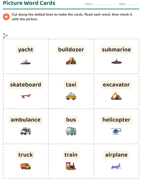 Preview of Picture Word Cards worksheet featuring Vehicles for kindergarten