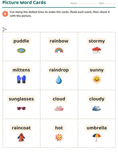Preview of Picture Word Cards worksheet featuring Weather for kindergarten