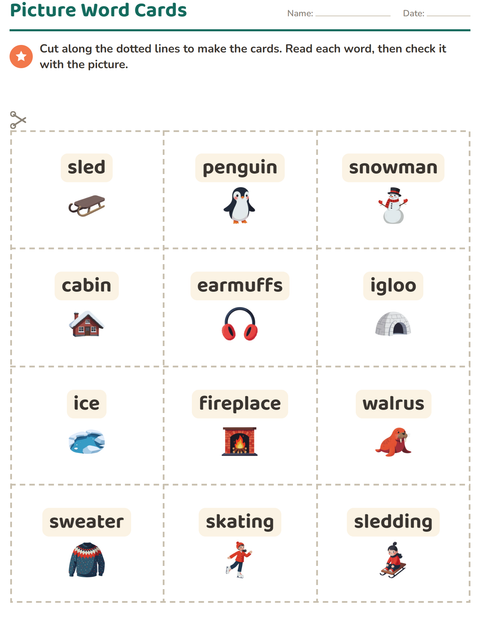 Preview of Picture Word Cards worksheet featuring Winter for kindergarten