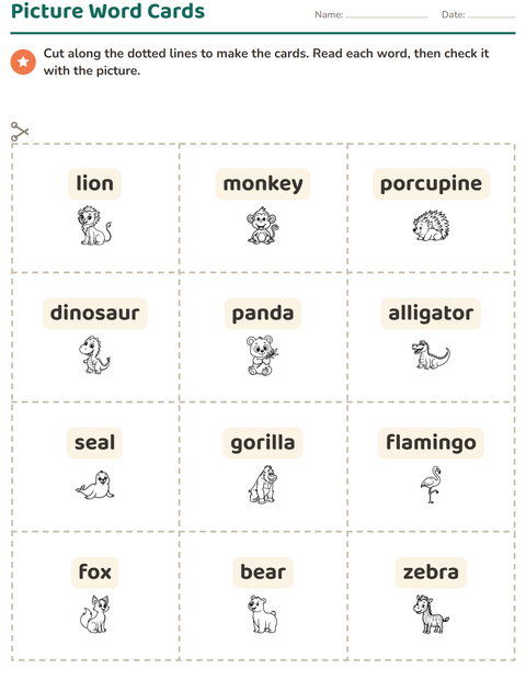Preview of Picture Word Cards worksheet featuring Zoo Animals BW for kindergarten