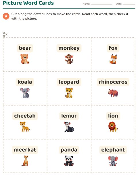 Preview of Picture Word Cards worksheet featuring Zoo Animals for kindergarten