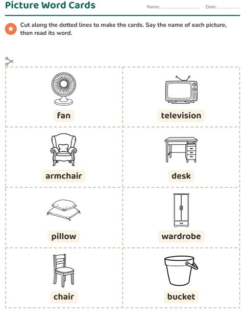 Preview of Picture Word Cards worksheet featuring Home BW 2 for kindergarten