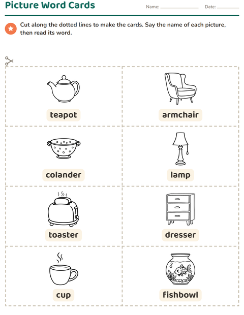 Preview of Picture Word Cards worksheet featuring Home BW for kindergarten