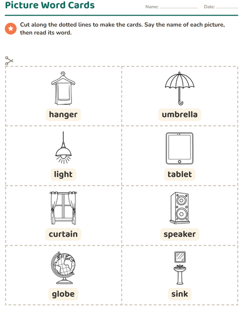 Preview of Picture Word Cards worksheet featuring Household BW for kindergarten