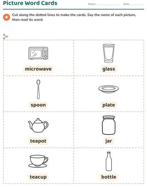 Preview of Picture Word Cards worksheet featuring Kitchen BW for kindergarten