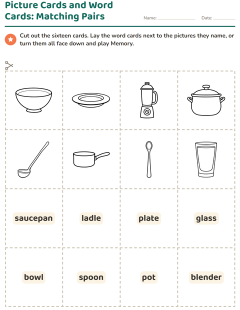 Preview of Picture Word Cards worksheet featuring Kitchen BW for kindergarten