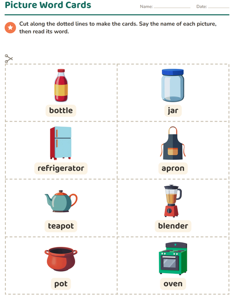 Preview of Picture Word Cards worksheet featuring Kitchen Tools for kindergarten