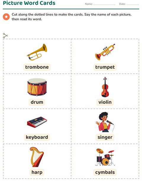 Preview of Picture Word Cards worksheet featuring Music for kindergarten