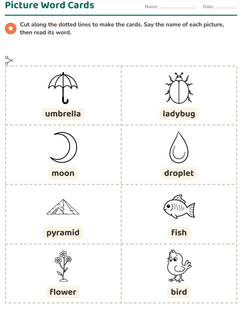 Preview of Picture Word Cards worksheet featuring Nature BW for kindergarten