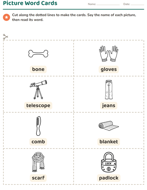 Preview of Picture Word Cards worksheet featuring Objects BW for kindergarten