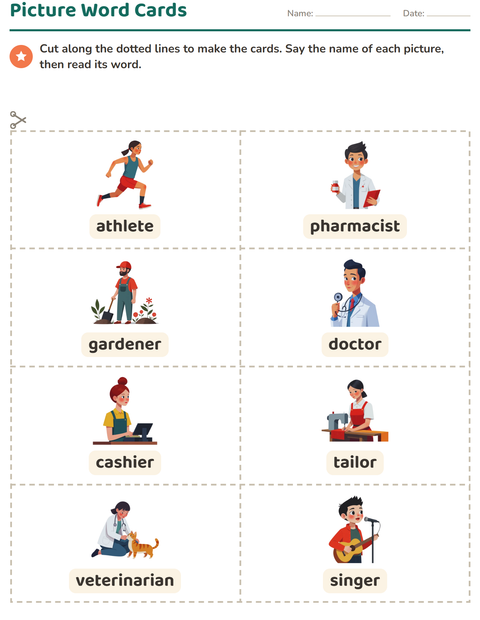 Preview of Picture Word Cards worksheet featuring Occupations for kindergarten