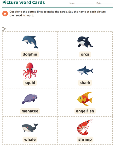 Preview of Picture Word Cards worksheet featuring Ocean Life for kindergarten