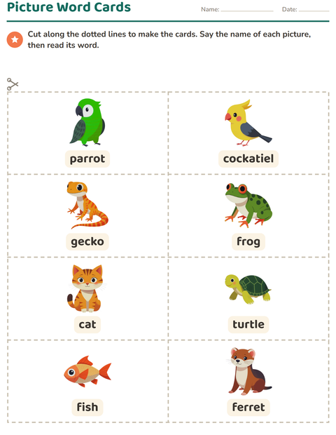 Preview of Picture Word Cards worksheet featuring Pets for kindergarten