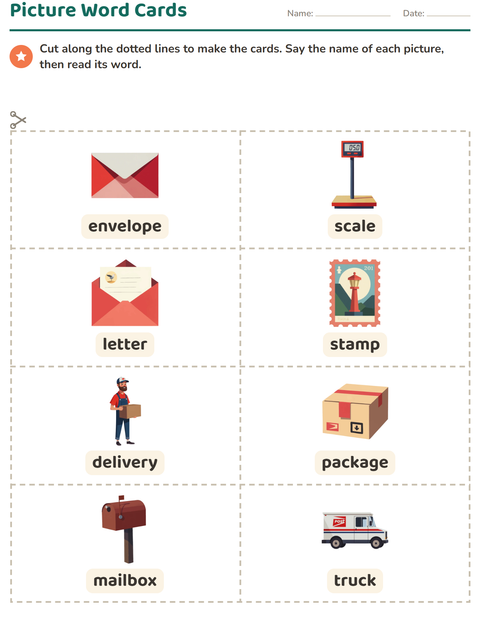 Preview of Picture Word Cards worksheet featuring Post Office for kindergarten