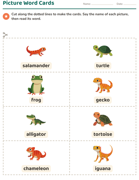 Preview of Picture Word Cards worksheet featuring Reptiles and Amphibians for kindergarten
