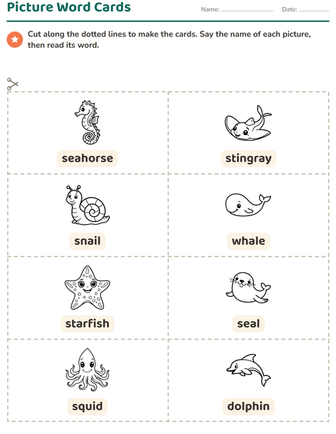 Preview of Picture Word Cards worksheet featuring Sea Life BW 2 for kindergarten