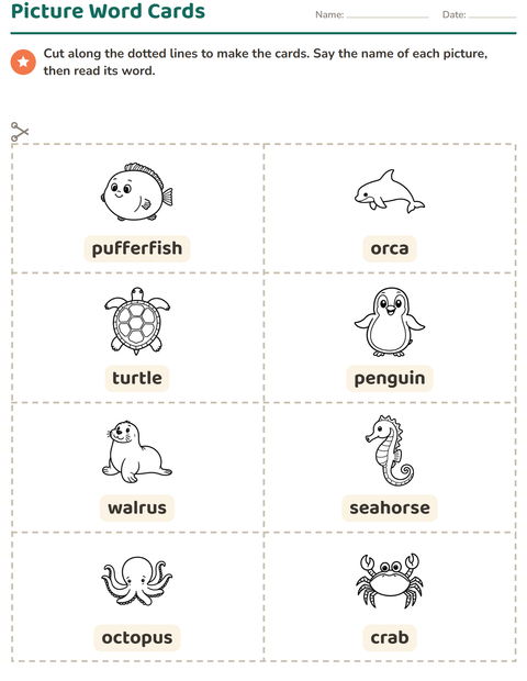 Preview of Picture Word Cards worksheet featuring Sea Life BW for kindergarten