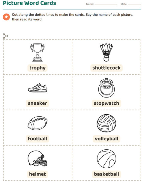 Preview of Picture Word Cards worksheet featuring Sports BW 2 for kindergarten