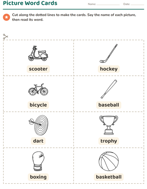 Preview of Picture Word Cards worksheet featuring Sports BW for kindergarten
