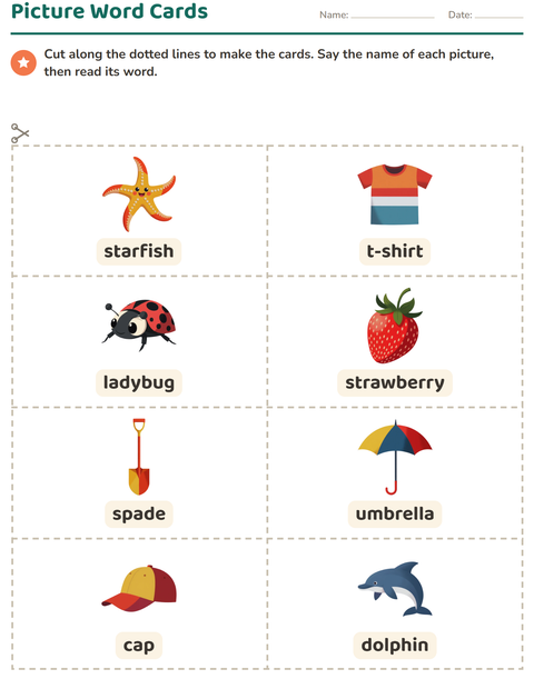 Preview of Picture Word Cards worksheet featuring Summer for kindergarten