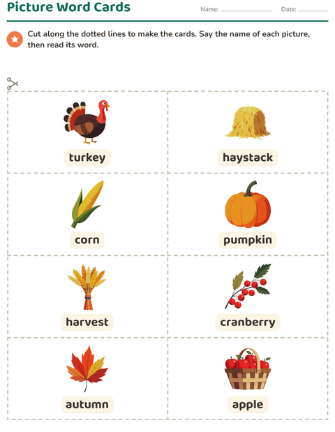Preview of Picture Word Cards worksheet featuring Thanksgiving for kindergarten