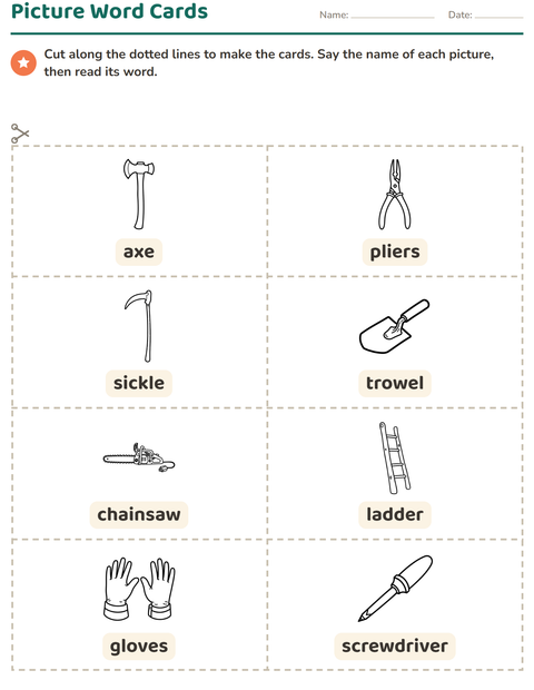 Preview of Picture Word Cards worksheet featuring Tools BW for kindergarten