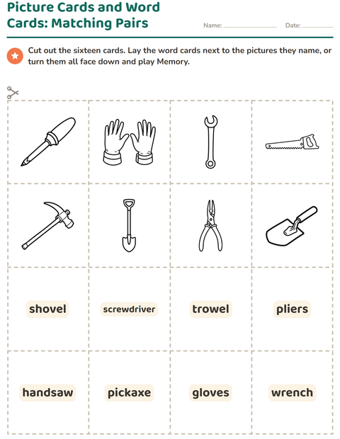 Preview of Picture Word Cards worksheet featuring Tools BW for kindergarten