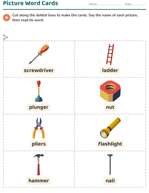 Preview of Picture Word Cards worksheet featuring Tools for kindergarten