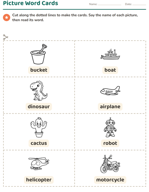 Preview of Picture Word Cards worksheet featuring Toys BW for kindergarten