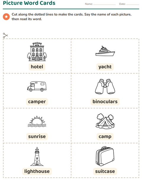 Preview of Picture Word Cards worksheet featuring Travel and Holiday BW for kindergarten