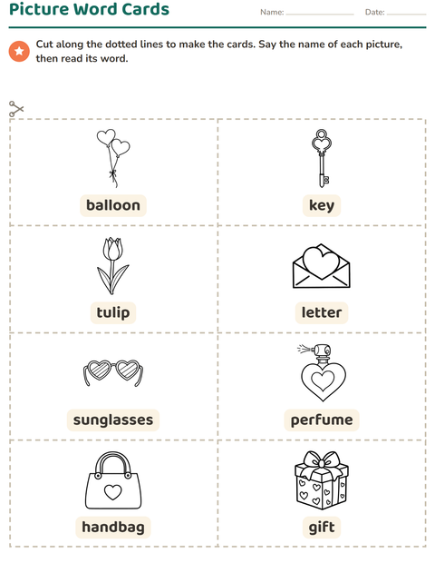 Preview of Picture Word Cards worksheet featuring Valentine BW 2 for kindergarten