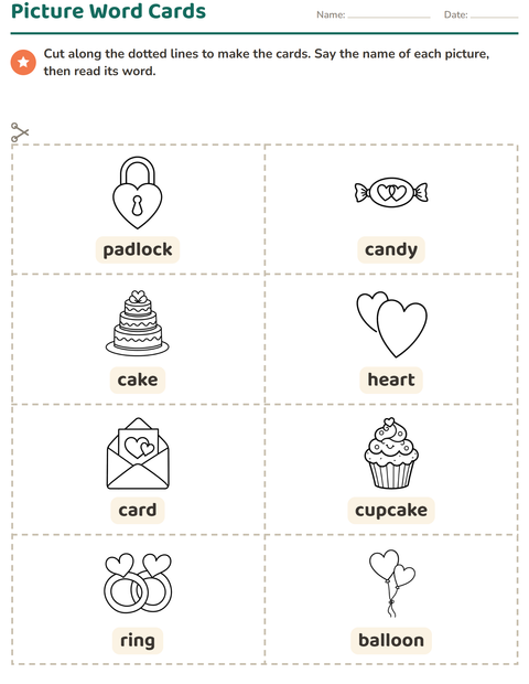 Preview of Picture Word Cards worksheet featuring Valentine BW for kindergarten