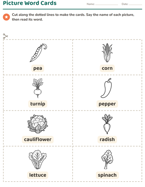 Preview of Picture Word Cards worksheet featuring Vegetables BW 2 for kindergarten