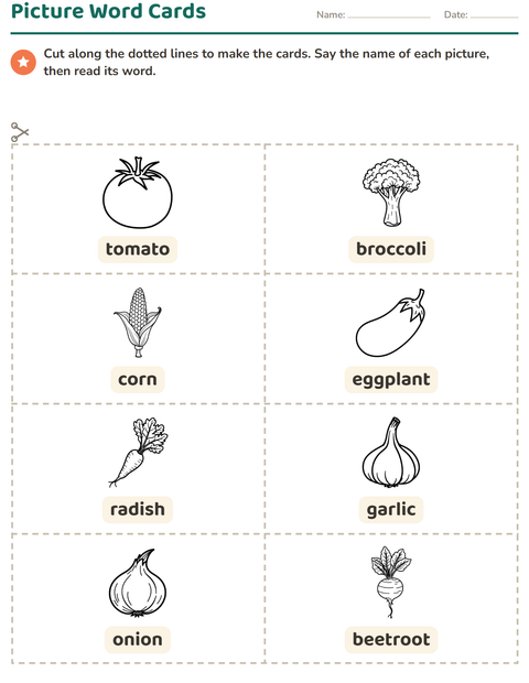Preview of Picture Word Cards worksheet featuring Vegetables BW for kindergarten