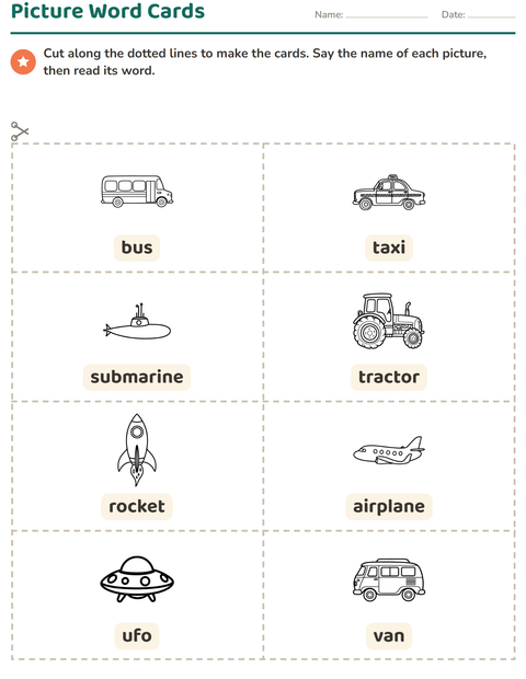 Preview of Picture Word Cards worksheet featuring Vehicles BW 2 for kindergarten