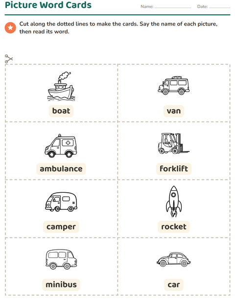 Preview of Picture Word Cards worksheet featuring Vehicles BW 3 for kindergarten