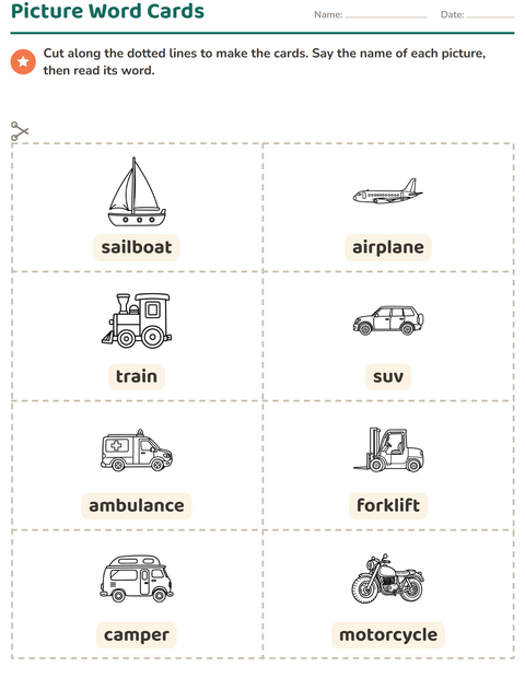 Preview of Picture Word Cards worksheet featuring Vehicles BW for kindergarten